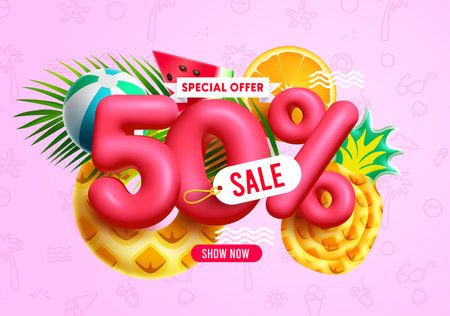 Summer sale vector design. Summer sale with 50% 3d discount text with beach elements. Vector illustration summer sale promo.のイラスト素材