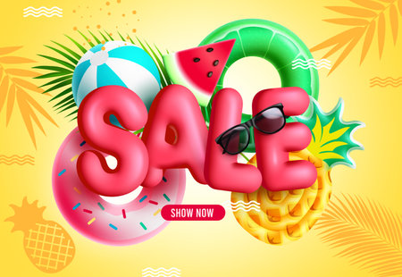 Summer sale vector design. Summer sale 3d text for holidays season promo with beach elements in background. Vector illustration summer sale business ads.のイラスト素材