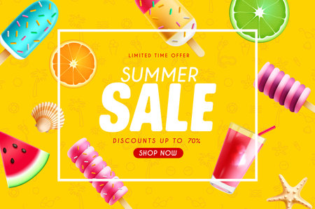 Summer sale vector banner design. Summer limited time offer text with ice cream, ice pop and popsicle elements. Vector illustration discount promo flyer ads background.のイラスト素材