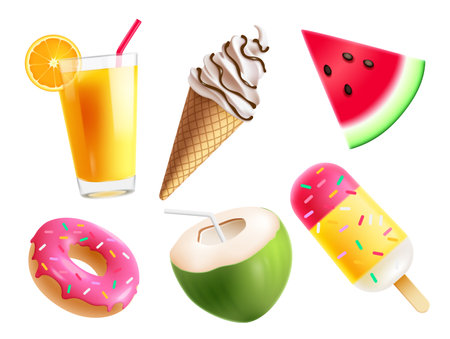 Summer food elements vector set design. Summer tropical foods like doughnut, , ice cream and seasonal juice. Vector illustration isolated in white elements collection.のイラスト素材