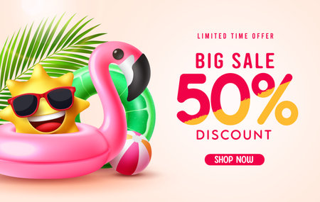 Summer sale vector banner design. Summer big sale text limited time offer with 50% discount in empty space. Vector illustration promotion advertisement background.のイラスト素材
