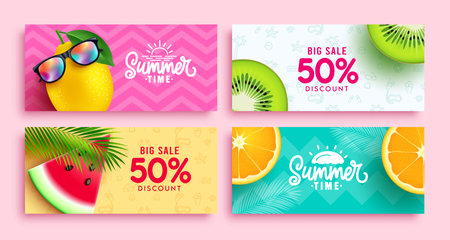 Summer sale vector banner set design. Summer sale text discount tags collection layout. Vector illustration flyers and brochure promo ads background.のイラスト素材
