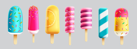Summer ice pop vector set. Summer refreshments and ice cream sweet desserts. Vector illustration isolated elements background.のイラスト素材
