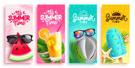 Summer time vector poster set design. It's summer time text tropical holiday seasonal tags collection. Vector illustration greeting card banner background.のイラスト素材