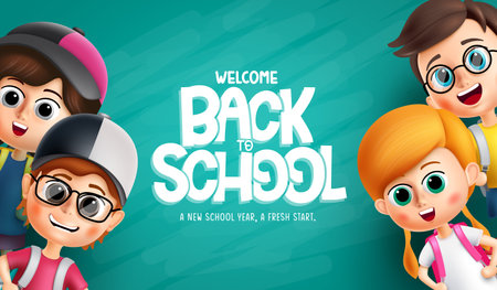 Back to school vector background. Back to school text with student characters in chalkboard element background. Vector illustration back to school design.のイラスト素材
