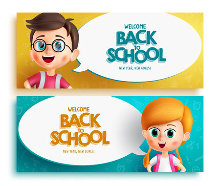 Back to school vector set. Welcome back to school greeting text in speech bubble element with student character. Vector illustration student banner set.のイラスト素材