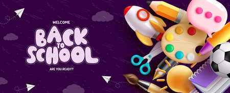 Back to school vector design. Welcome back to school greeting text with student supplies and tools elements. Vector illustration education background design.のイラスト素材