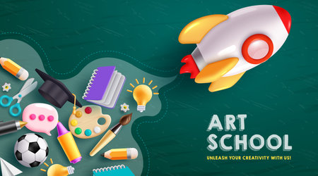 Art school vector background design. Art school text with flying rocket and educational elements in chalkboard background. Vector illustration back to school educational backgroundのイラスト素材
