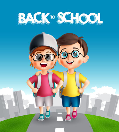 Back to school vector design. Back to school text with student boy characters walking outdoor. Vector illustration student characters background.のイラスト素材