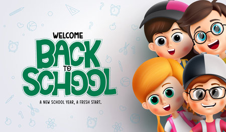 Back to school characters vector background. Welcome back to school greeting text with friendly pupil student characters. Vector illustration back to school design.のイラスト素材