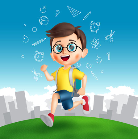 Back to school boy vector design. Back to school male student character in cute face running in outdoor background. Vector illustration back to school educational design.のイラスト素材