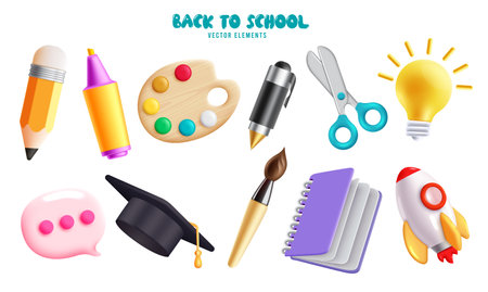 Back to school vector elements set design. School educational supplies and items isolated in white background. Vector illustration learning element collection.のイラスト素材