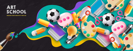 Art school vector background design. Art tools, items and educational supplies for drawing and coloring elements. Vector illustration back to school background.のイラスト素材
