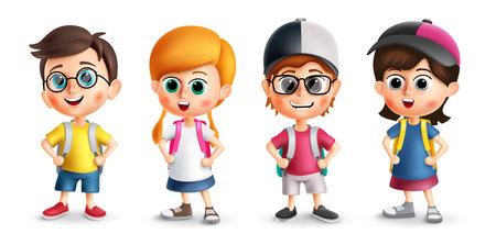 Back to school character vector set. Back to school student kids characters isolated for cute child collection. Vector illustration student collection.のイラスト素材