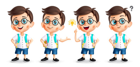 Back to school boy character vector set. Back to school boy student character in cute face isolated. Vector illustration boy kids collection.のイラスト素材