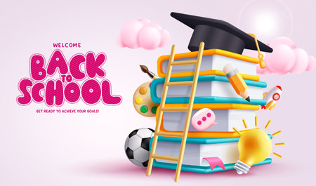 Back to school vector design. Back to school greeting text with educational books and graduation cap elements for success and graduation concept. Vector illustration greetingのイラスト素材