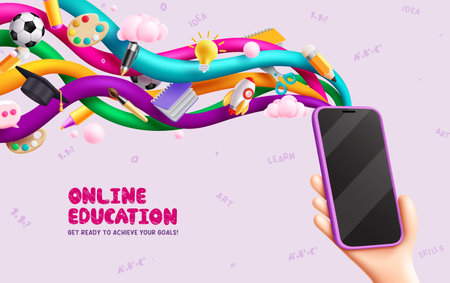 Online education vector concept. Online education text with mobile phone element for e-learning educational design. Vector illustration school online course design.のイラスト素材