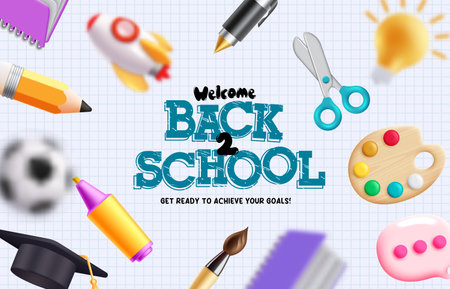 Back to school vector background. Back to school text with educational element in grid paper background. Vector illustration school greeting background.のイラスト素材