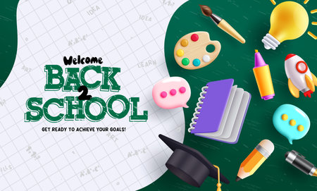 Back to school vector design. Back to school text with student toy items and supplies for educational concept. Vector illustration welcome greeting school background.のイラスト素材