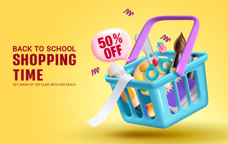 Back to school sale vector design. Back to school text with 50% discount offer and educational supplies in shopping basket elements. Vector illustration shopping advertisementのイラスト素材