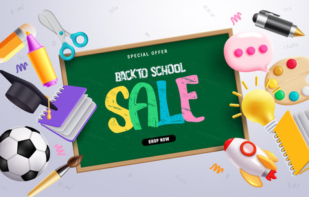 Back to school sale vector banner design. Back to school special offer text in chalkboard space with educational elements and supplies. Vector illustration advertising template.のイラスト素材