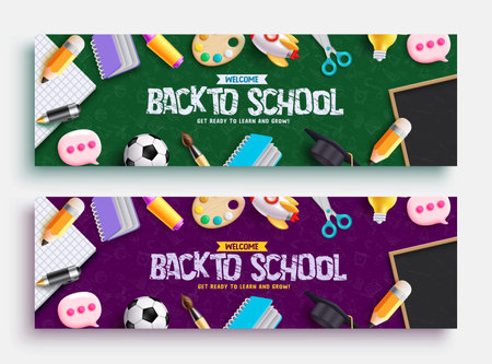 Back to school vector banner set design. Back to school greeting text with kids educational supplies and elements. Vector illustration promotion advertisement collection.のイラスト素材
