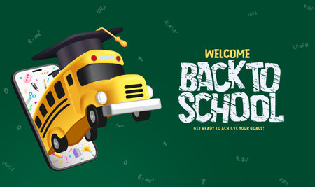 Back to school text vector design. Welcome back to school text with mobile phone online class course. Vector illustration educational distance learning background.のイラスト素材