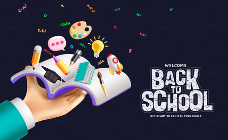 Back to school vector concept design. Welcome back to school greeting text with hands holding learning book. Vector illustration educational background.のイラスト素材