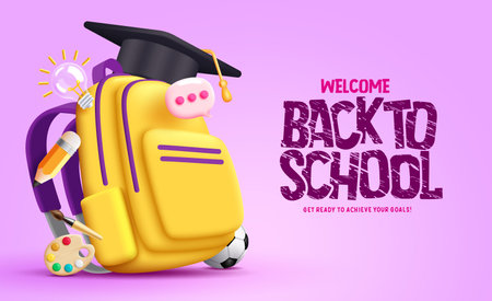 Back to school vector design. Welcome back to school text with school yellow bag and graduation cap elements. Vector illustration educational greeting background.のイラスト素材