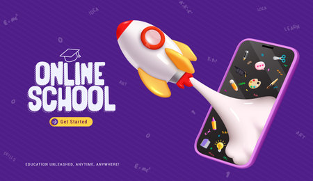 Online school vector design. E-learning course web site home page with mobile phone and rocket ship elements. Vector illustration online education web banner.のイラスト素材