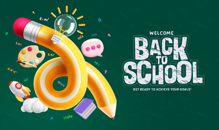 Back to school vector concept design. Back to school greeting text with curve pencil and educational elements. Vector illustration in chalkboard background.のイラスト素材