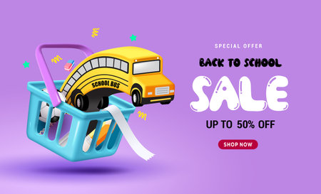 Back to school sale vector banner design. Back to school sale text 50% off special offer with shopping basket element. Vector illustration back to school sale.のイラスト素材