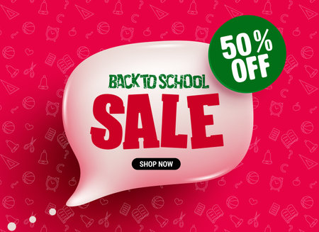 Back to school sale vector banner design. Back to school sale in speech bubble element with up to 50% off discount promo. Vector illustration educational promotional sale.のイラスト素材