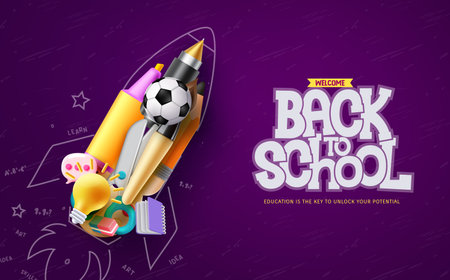 Back to school vector design. Welcome back to school greeting text with educational item in rocket launch creative art. Vector illustration back to school design.のイラスト素材