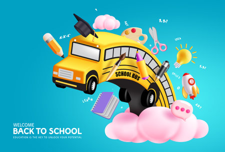 Back to school vector concept design. Back to school text with school bus and student supplies in creative art design. Vector illustration educational arts.のイラスト素材
