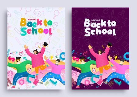 Back to school set vector poster. Cartoon college graduate character in doodle background. Vector illustration school flyers collection design.のイラスト素材