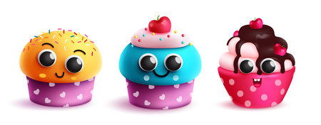 Birthday cup cake set vector design. Birthday cupcake and muffins colorful collections. Vector illustration sweet dessert cake collection.のイラスト素材