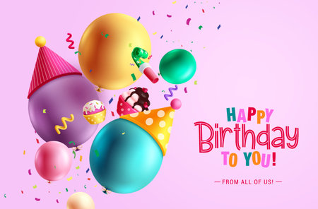Happy birthday vector design. Birthday greeting text with balloons and cup cake party elements. Vector illustration invitation card template.のイラスト素材