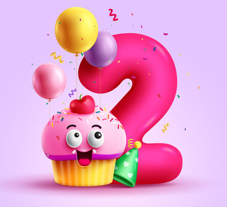 Birthday cupcake character vector design. Birthday cupcake and muffin elements with number 2 party balloon. Vector Illustration party decoration concept.のイラスト素材