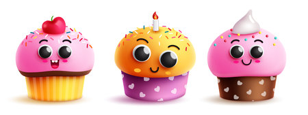 Birthday cupcake vector set design. Birthday cup cake and muffins yummy party elements. Vector illustration colorful cake collection.のイラスト素材