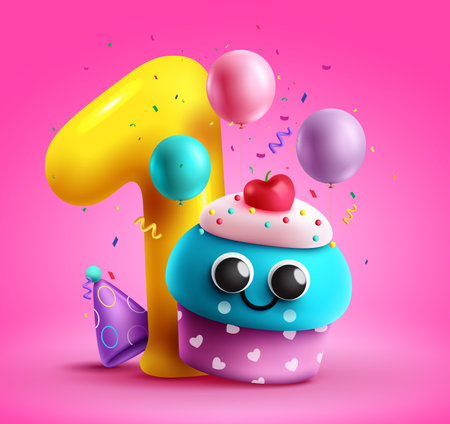 Birthday cupcake vector design. Cup cake cartoon character with number one balloon in pink background. Vector illustration birthday element decoration.のイラスト素材