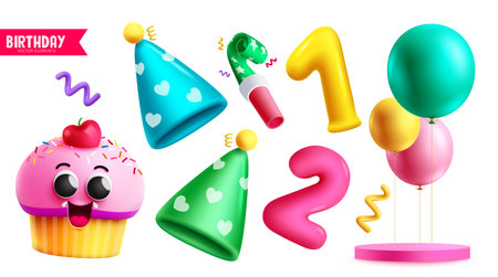 Birthday elements vector set design. Birthday party element like cup cake, party hat, whistle and balloons celebration decoration. Vector illustration objects isolated in whiteのイラスト素材