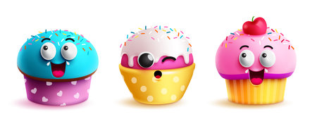 Birthday cupcake vector set design. Cup cake cartoon character with cute facial expression. Vector illustration muffin dessert isolated in white background.のイラスト素材