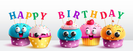 Happy birthday text vector design. Birthday cupcake cute characters in colorful yummy decoration. Vector illustration muffin and cup cake character concept.のイラスト素材