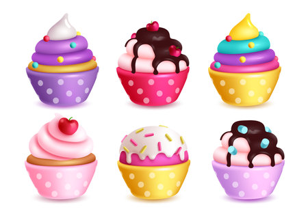 Birthday cupcakes set vector design. Cup cake and muffin collection for kids birthday party. Vector illustration dessert isolated elements.のイラスト素材