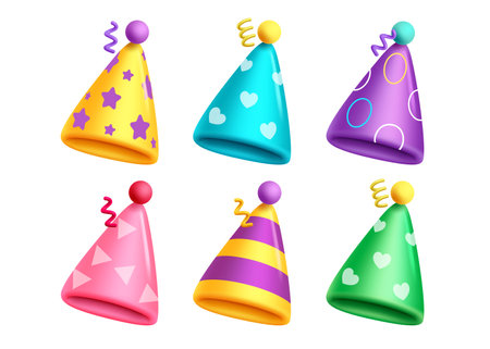 Birthday party hat set vector design. Birthday hat and cap colorful collection for party and holiday celebrations. Vector illustration isolated white elements.のイラスト素材