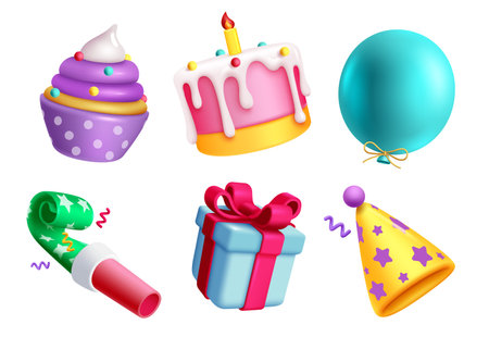 Birthday elements set vector design. Party element like cake, balloon, gift, party, hat and blow whistle for birthday celebration. Vector illustration collection of party objects.のイラスト素材