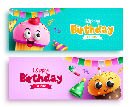 Happy birthday text vector set banner. Birthday greeting card in empty space for dedication card. Vector illustration invitation card collection.のイラスト素材