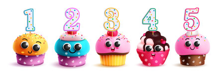 Birthday cupcake set vector design. Birthday cup cake and muffins in yummy and colorful decoration with numbers topper. Vector illustration cute cartoon cake characters.のイラスト素材