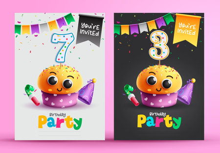 Birthday party vector poster set. Happy birthday invitation card with cup cake and muffin celebration elements. Vector illustration greeting banner collection.のイラスト素材